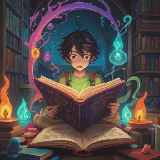 A whimsical scene depicting a person discovering their lucky number while holding an open book, bright colors, magical aura, numbers floating around, astonished expression, enchanting library background, warm sunlight filtering through windows, inviting atmosphere, detailed character design, 4k
