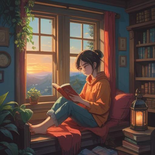 A serene illustration of a person peacefully reading a book in a cozy nook, soft light filtering through the window, floating dream-like symbols around them, gentle waves representing calmness and sleep, ethereal atmosphere, hints of spiritual awakening, detailed illustration of the book with magical elements, tranquil setting, 4k