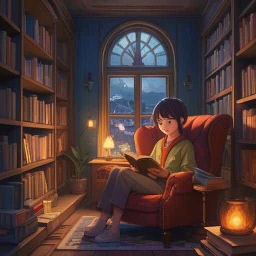 A serene indoor scene of a person reading a book, surrounded by soft, warm lighting, a cozy armchair, gentle bookshelves filled with colorful books, a peaceful expression on their face, slight drowsiness, spiritual symbols subtly integrated in the background, tranquil atmosphere, inviting and calming visual, 4k
