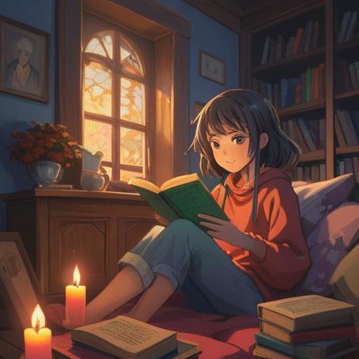 A serene scene depicting a person reading a book in a cozy setting, soft lighting casting gentle shadows, a feeling of tranquility, the character shown with heavy eyelids suggesting drowsiness, symbolic elements like ethereal wisps or dream-like motifs around the head, representing spiritual signs, warm colors creating an inviting atmosphere, rich textures in the book and surroundings, detailed background with bookshelves, 4k