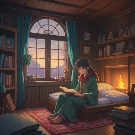 A cozy scene of a person reading a book in a dimly lit room, warm blankets wrapped around them, a cup of steaming tea beside them, gentle light from a nearby lamp illuminating the pages, soft pillows scattered around, a sleepy cat curled up on their lap, dreamy and relaxed atmosphere, 4k