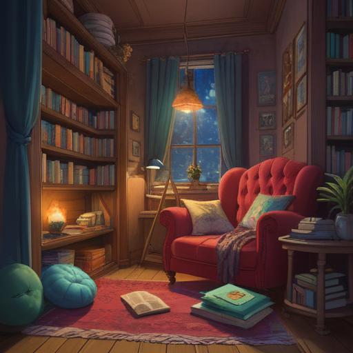 A cozy reading nook, inviting atmosphere, plush armchair with soft pillows, warm lighting from a nearby lamp, a stack of colorful books, a small side table with a steaming cup of tea, gentle sunlight filtering through a window, inspirational quotes on the wall, peaceful ambiance, perfect for relaxation and focus, 4k