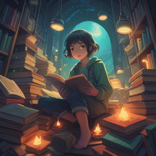 A serene illustration of a person surrounded by floating books, soft light illuminating the scene, ethereal aura capturing a moment of inspiration, cosmic elements in the background, peaceful expression, connection to knowledge, vibrant colors, dreamlike atmosphere, 4k