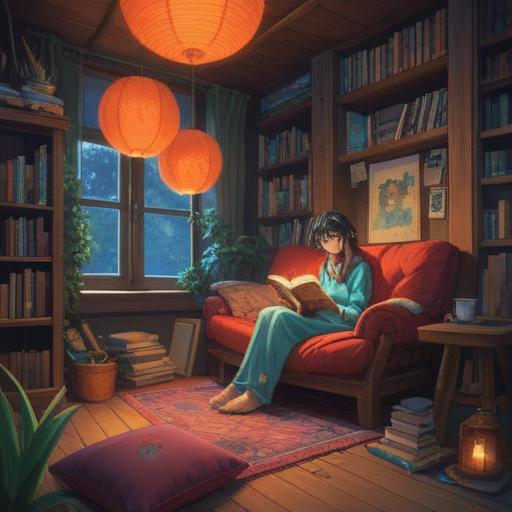 A cozy scene of a beautifully arranged reading nook, soft cushions and a warm blanket, an open book with pages fluttering, a steaming cup of tea beside it, a glowing lamp casting a gentle light, lucky charms displayed on a shelf, inviting atmosphere, encouraging exploration of literature, vibrant colors, detailed textures, 4k
