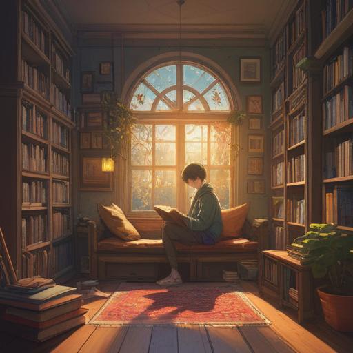 A vibrant, cozy reading nook, sunlight streaming through a window, a person deeply engrossed in a book, surrounded by colorful cushions and plants, motivational quotes on the walls, steaming cup of tea on a side table, a cheerful atmosphere, 4k