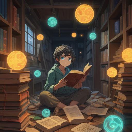A serene scene depicting a person joyfully discarding old books, surrounded by glowing orbs of light symbolizing spiritual renewal, a soft breeze carrying away the past, a feeling of liberation and cleansing, nature in the background with blooming flowers and sunlight, harmonious atmosphere, 4k