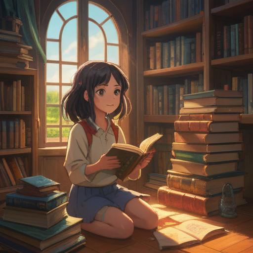 A peaceful indoor scene, a person holding a stack of old books, sunlight streaming through a window, warm and inviting atmosphere, surrounded by decluttered shelves, a small potted plant nearby, moments of reflection, sense of relief and liberation, minimalist decor, 4k