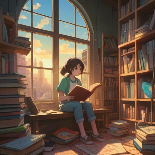 A serene and peaceful scene of a person surrounded by piles of books, sunlight streaming through a window, gentle dust motes in the air, a feeling of release and clarity, spiritual symbols subtly integrated into the background, calm and meditative expression on the person's face, warm and inviting color palette, 4k