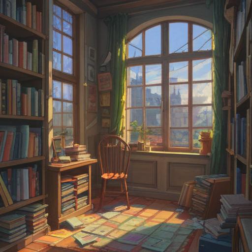 A serene, enlightening scene depicting the act of decluttering books, gentle light filtering through a window, calming atmosphere, vibrant energy flow surrounding the books, symbolic representations of spiritual signs, carefully organized bookshelf in the background, mindful reflection, emotional release, inviting space for transformation, 4k