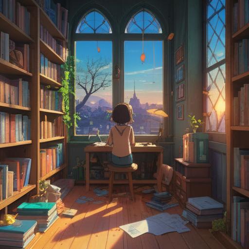 A bright and inviting scene of a freshly organized book area, sunlight streaming through a window, a small lucky charm placed on a shelf, clean and minimalistic design, vibrant colors, plants in the background, a feeling of renewal and positivity, whimsical details like floating books, warm and uplifting atmosphere, 4k