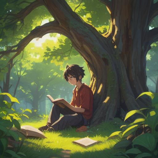 A serene scene depicting a person sitting under a large tree, engrossed in an open book, rays of sunlight filtering through the leaves, a gentle breeze rustling the pages, ethereal light surrounding the reader, symbolizing spiritual connection and enlightenment, peaceful environment, nature's beauty, 4k
