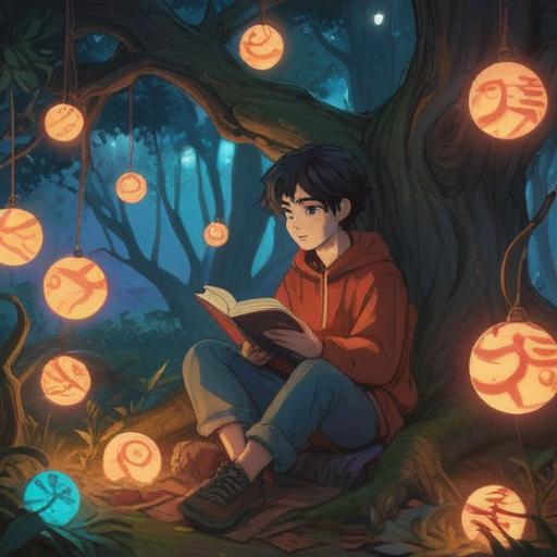 A serene illustration of a person sitting under a tree, immersed in a book, surrounded by glowing orbs symbolizing spiritual signs, warm sunlight filtering through the leaves, calm expression on their face, mystical ambiance, detailed natural elements, ethereal colors, harmony with nature, tranquil atmosphere, 4k