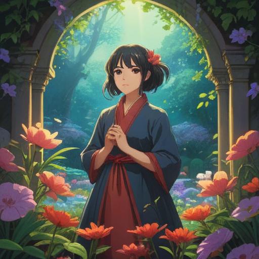 A serene and introspective scene depicting a woman in a tranquil garden, surrounded by blooming flowers and soft, glowing light, symbolizing new beginnings and spiritual growth, elements of nature representing life and transformation, an aura of calmness and hope, embodying the concept of unexpected blessings, 4k