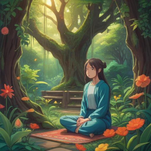 A serene scene depicting the importance of meditation for promoting mental stability, tranquil environment, person meditating in a peaceful garden, surrounded by lush greenery and blooming flowers, soft sunlight filtering through the trees, embodying calmness and focus, gentle water flowing nearby, harmonious atmosphere, soothing colors, 4k