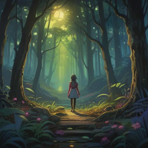 A mystical and contemplative scene, ethereal light illuminating a dark forest, a figure standing at a crossroads, surrounded by shadowy obstacles, symbols of hope and warning in the air, an aura of introspection and spiritual energy, sense of choices and consequences, dreamlike atmosphere, vibrant colors, surreal elements, 4k