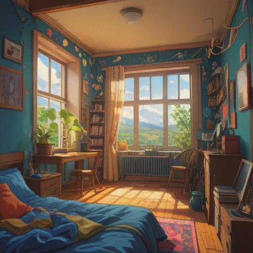 A dynamic scene depicting a person embracing change, bright sunlight streaming through an open window, motivational quotes on the walls, a cozy home office filled with plants and colorful decor, a journal open with sketches and plans, an expression of determination and hope on the person's face, vibrant colors, uplifting atmosphere, 4k