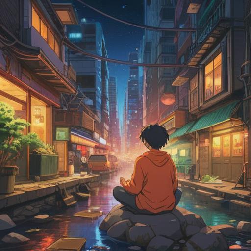 A serene illustration representing the spiritual meaning of a busy period, a person meditating amidst a chaotic city, vibrant colors reflecting energy and movement, flowing lines symbolizing mindfulness, contrasting calmness against a hectic background, light rays filtering through, creating a sense of peace, inner balance and reflection, 4k