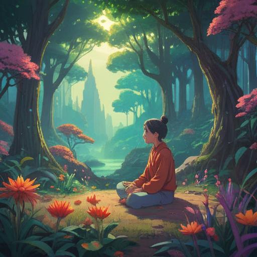 A serene and introspective scene depicting a person meditating in a peaceful nature setting, surrounded by vibrant flowers and whispering trees, ethereal light illuminating their figure, signs of spiritual energy represented by gentle sparkles in the air, a sense of tranquility and awareness, capturing the essence of mindfulness during a busy period, 4k