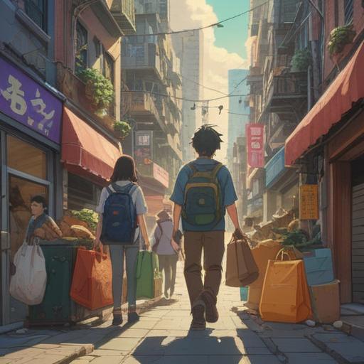 A vibrant illustration of a busy urban scene, people rushing with bags and briefcases, a lucky charm hanging from a keychain, sunlight breaking through clouds, symbolic items like four-leaf clovers and lucky cats, lively colors, dynamic movement, hopeful atmosphere, 4k