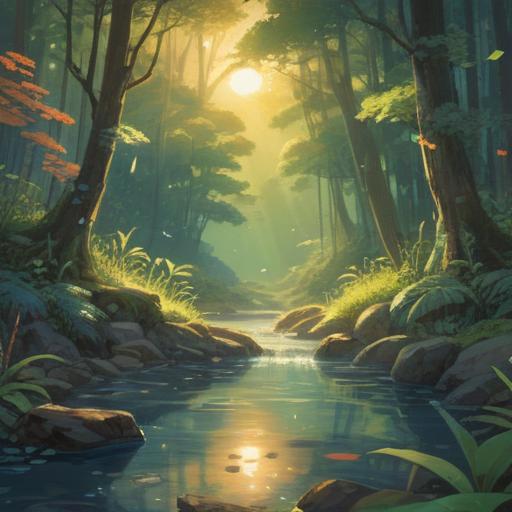 A serene and calming illustration of a tranquil forest scene, sunlight filtering through the leaves, a gentle stream flowing, a peaceful individual practicing mindfulness, surrounded by blooming flowers, vibrant greenery, harmony with nature, soothing atmosphere, 4k