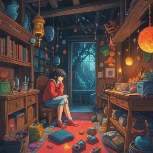 A whimsical illustration of a person surrounded by scattered items they forgot, vibrant colors, uplifting atmosphere, lucky number prominently displayed, objects glowing softly, symbols of good fortune in the background, cheerful expression, hints of magic, 4k