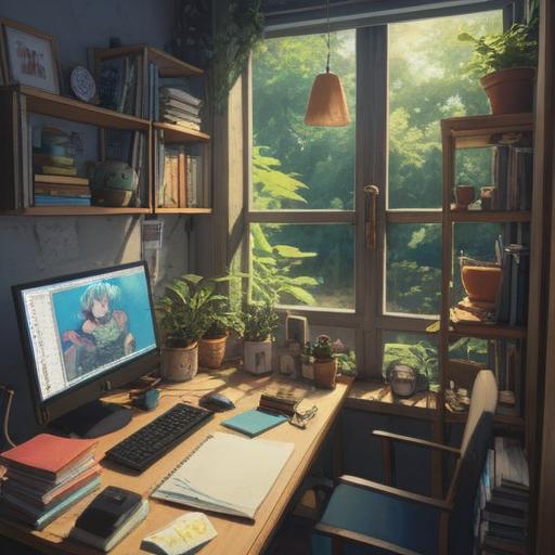 A serene and inviting scene of a tranquil workspace, organized desk with notebooks and calming decorations, soft natural light streaming in through the window, a person meditating peacefully, surrounded by symbols of luck and positivity, such as four-leaf clovers and dream catchers, harmonious color palette, 4k