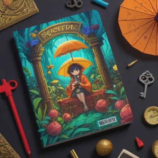 A whimsical illustration showcasing a collection of lost items, vibrant colors, scattered notebook, a forgotten umbrella, a misplaced key, a lucky charm in the center, cheerful atmosphere, playful details, sunny day background, 4k