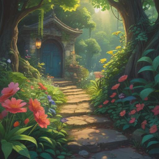 A serene and mystical scene, a forgotten item resting on a sunlit path, surrounded by vibrant flowers and lush greenery, ethereal light illuminating the item, gentle breeze creating a sense of movement, subtle hints of spirituality in the atmosphere, soft focus background, inviting yet thought-provoking ambiance, 4k