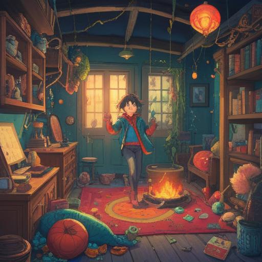 A whimsical scene depicting a person surrounded by various forgotten items, cheerful and vibrant colors, a magical aura, action of throwing a lucky charm, playful expressions, inspiring a sense of hope, detailed background with encouraging symbols, 4k