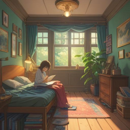A serene illustration depicting a peaceful morning routine, cozy room filled with sunlight, a person practicing mindfulness while writing a checklist, calming atmosphere, gentle colors, elements representing relaxation and focus, inspirational quotes on the wall, soft shadows, 4k