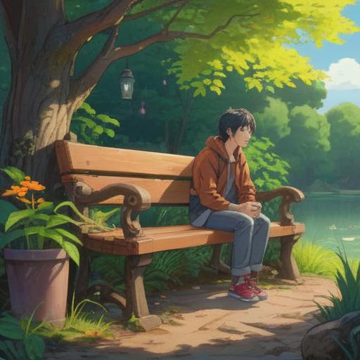 A serene and reflective scene, an individual sitting on a bench surrounded by nature, scattered personal items symbolizing forgotten memories, sunlight filtering through trees creating a warm glow, a sense of spiritual awakening and introspection, soft focus on the background, tranquil atmosphere, vibrant colors, the character deep in thought, 4k