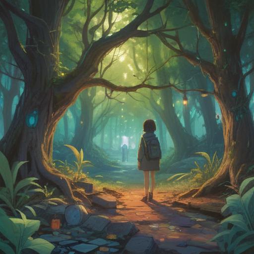 A serene and reflective scene depicting a person surrounded by scattered personal items, each representing forgotten memories, soft ethereal light filtering through trees, symbols of spiritual growth and awareness, gentle breeze creating a sense of movement, tranquil expressions on faces, warm and inviting color palette, 4k