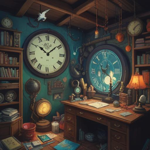 A mystical scene depicting various spiritual signs, a cluttered desk with forgotten objects scattered around, a clock showing the time of day, ethereal light shining through a window, gentle reminders of presence and mindfulness, an aura of serenity, vibrant colors blending together, symbolic elements representing intuition and awareness, capturing the essence of being mindful of signs on a day filled with forgetfulness, 4k