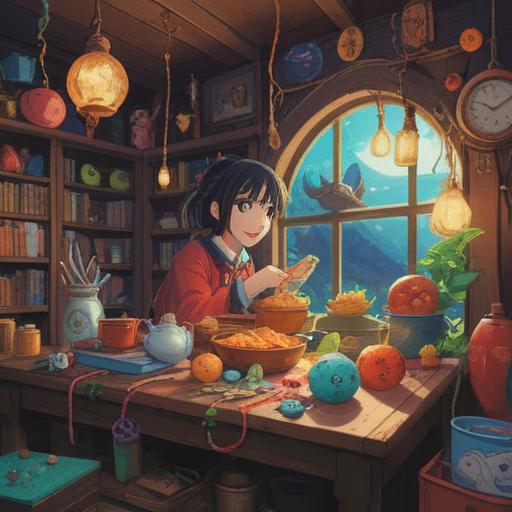 A whimsical scene depicting a character surrounded by various lucky items, vibrant colors, playful atmosphere, showing a sense of relief and joy after overcoming a forgetful day, detailed background with symbols of luck like four-leaf clovers and lucky charms, expressive facial expressions, illustration style, 4k