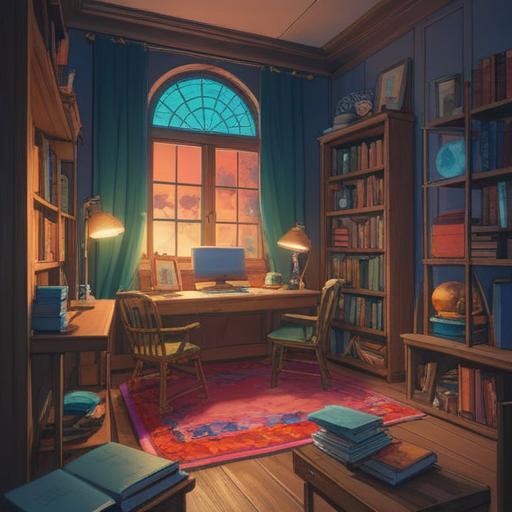 A serene illustration of a cozy study space, organized desk with minimal clutter, a calm individual engaged in meditation, soothing colors, bookshelf filled with neatly arranged books, gentle sunlight filtering through a window, a sense of peace and clarity, mental focus and mindfulness, 4k