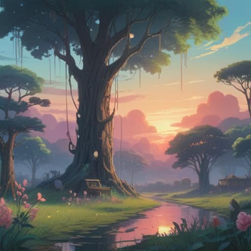 A serene landscape reflecting a sense of forgetting, ethereal imagery of floating objects symbolizing lost memories, gentle wisps of mist enveloping the scene, a soft glow illuminating a winding path, a figure looking contemplatively towards the horizon, tranquil colors creating a peaceful atmosphere, spiritual significance of letting go, 4k