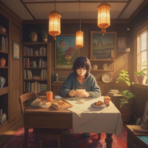 A serene morning scene, a cozy living room filled with warm sunlight, a person placing a small lucky charm on a table, a notepad with reminders nearby, soft pastel colors, a gentle aura of positivity and mindfulness, a potted plant symbolizing growth and luck, calming atmosphere, 4k