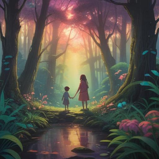 A serene and magical scene of two souls connecting in a lush, enchanted forest, ethereal light filtering through the trees, the energy of their bond represented by colorful auras intertwining, a feeling of timelessness and love, delicate flowers blooming around them, peaceful expressions on their faces, 4k