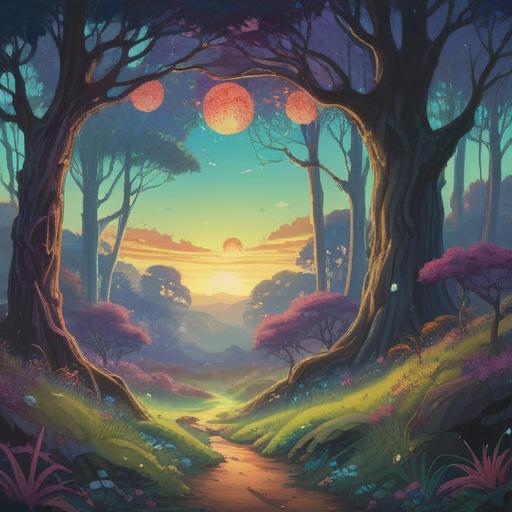 A mystical landscape, ethereal light, symbolic presence, gentle breeze through trees, shimmering orbs, soft whispers in the air, vivid colors, feelings of nostalgia and love, serene energy, spiritual awakening, 4k