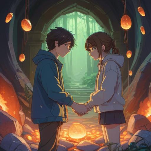 A serene illustration depicting a couple holding hands, surrounded by glowing lucky stones, the stones radiating a soft light, a background of a tranquil sunset, symbolizing deep emotional connection, warm color palette, dreamy atmosphere, emphasis on love and togetherness, 4k