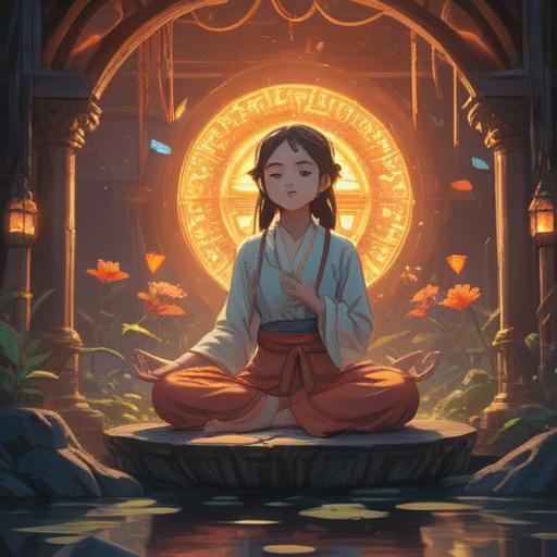 A serene and mystical scene, depicting ethereal lights and symbols surrounding a figure in meditation, soft glow illuminating the space, gentle whispers of nature in the background, representation of spiritual connection, hints of energy flow between the figure and the signs, peaceful ambiance, a sense of awakening and understanding, 4k
