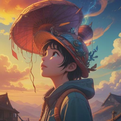 A thought-provoking illustration of a person looking up at a bright sky, a lost hat floating gently in the air, ethereal light beams shining down, symbolic elements representing spiritual guidance, serene expression on the person's face, lush greenery surrounding, calming atmosphere, uplifting vibes, 4k