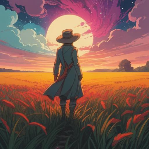 A serene and introspective scene depicting a person standing in a vast field, gently holding an old hat in their hands, the hat symbolizing lost identity and past burdens, soft sunlight filtering through wispy clouds, ethereal atmosphere, gentle breeze rustling the grass, vibrant wildflowers blooming nearby, a distant mountain range representing new beginnings, a feeling of liberation and spiritual awakening, 4k