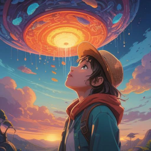 A serene and uplifting scene featuring a person looking up at the sky as a hat floats away, symbolic light shining down, surrounded by soft clouds and gentle rays, a sense of freedom and spiritual awakening, pastel colors, tranquil atmosphere, nature in the background, harmonious elements, 4k