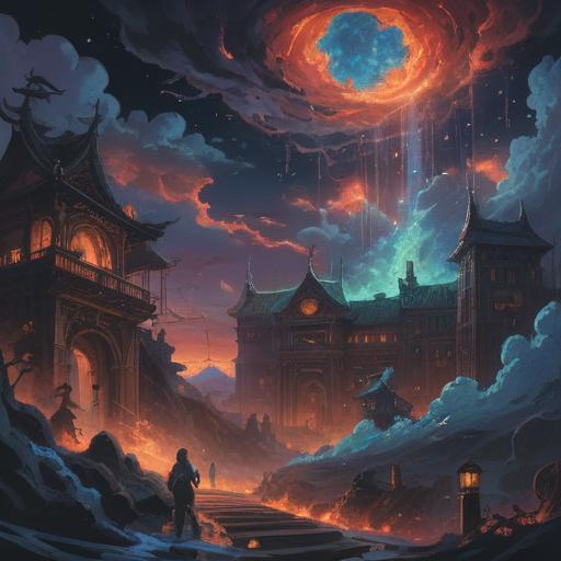 A mystical scene depicting an individual surrounded by chaotic energies, dark swirling clouds, and shadowy figures representing obstacles, ethereal lights breaking through the darkness, symbolizing spiritual growth and resilience, intricate details in the expressions of both the individual and the shadowy figures, contrasting colors to highlight conflict, enchanting atmosphere, 4k