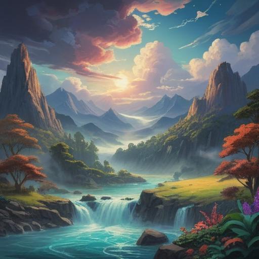 A serene landscape depicting spiritual signs of guidance, ethereal light breaking through clouds, symbolic elements representing protection and assistance, gentle flowing water, lush greenery, harmonious atmosphere, inviting and tranquil scene, 4k