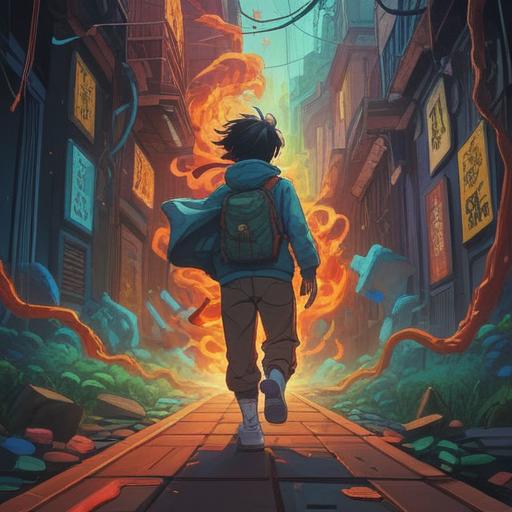 A surreal illustration of a person overcoming obstacles with the power of a lucky number, vibrant colors, dynamic composition, abstract shapes representing challenges, a glowing number in focus, a path illuminated by determination, encouraging atmosphere, emotional expression, 4k