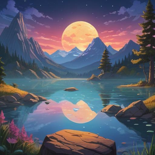 A serene dreamscape featuring a crystal-clear lake under a starry night sky, a glowing lucky stone resting on a smooth rock at the water's edge, ethereal wisps of light surrounding the stone, gentle reflections on the water, soft mist rising, feelings of nostalgia and peace, symbolic representation of memory and connection, 4k