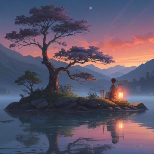 A serene landscape at twilight, gentle mist enveloping a tranquil lake, subtle reflections of stars in the water, a solitary figure meditating by the shore, soft light illuminating a family photo beside them, symbols of love and memory scattered around, comforting atmosphere, peaceful connection with the past, 4k