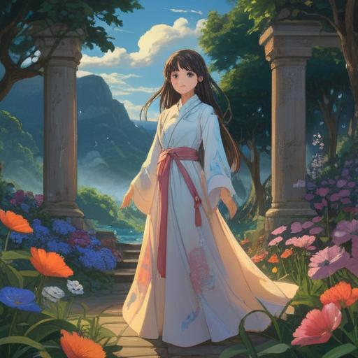 A serene and ethereal scene, a soft glow radiating from a piece of clothing left in a tranquil setting, surrounded by gentle flowers and greenery, symbolizing spiritual connection and good omens, warm light filtering through trees, peaceful atmosphere, whispers of memories, uplifting energy, 4k